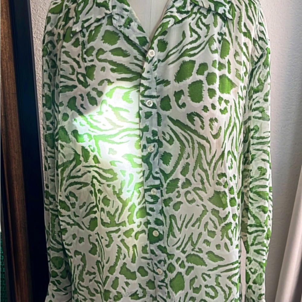 Green and White Animal Print Button-Up Shirt